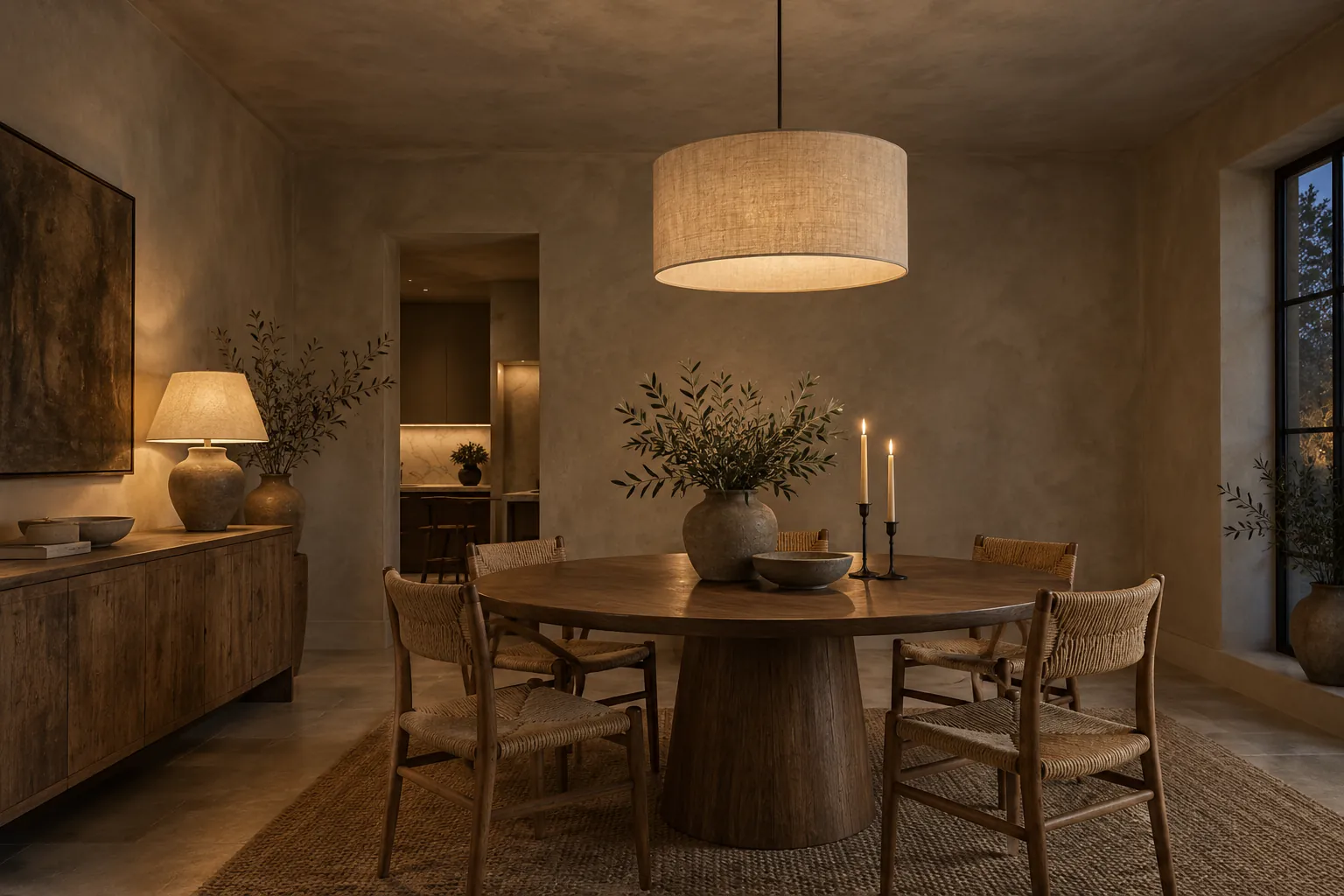 Dining room enveloped in deep mushroom limewash at evening