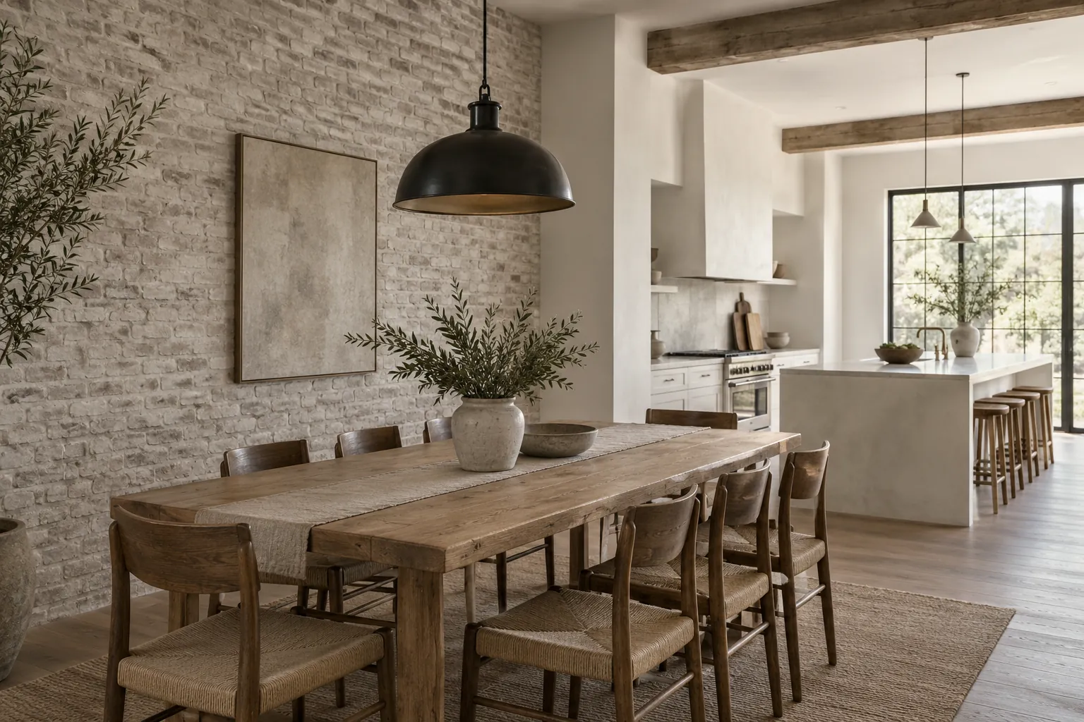 Dining area with limewashed interior brick wall
