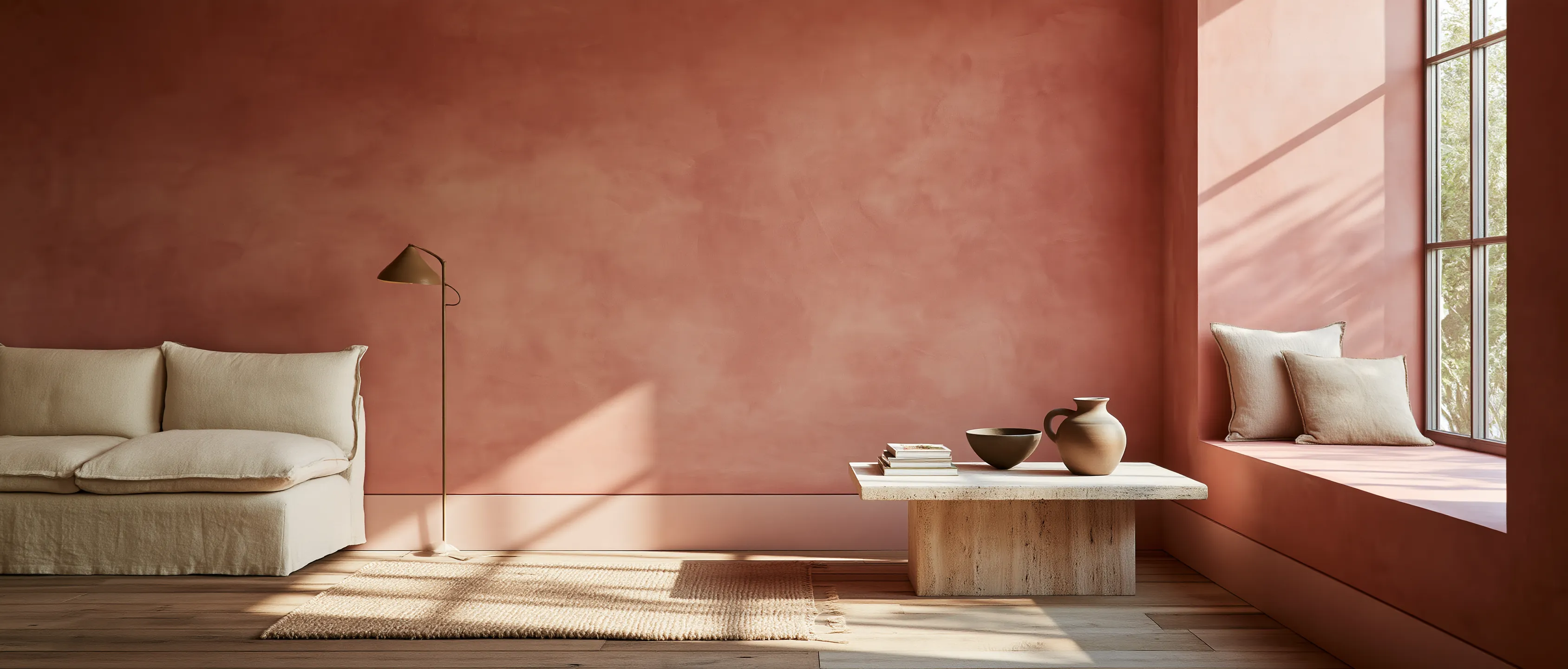 A dusty rose limewashed living room with a linen sofa, floor lamp, travertine table and cushioned window seat